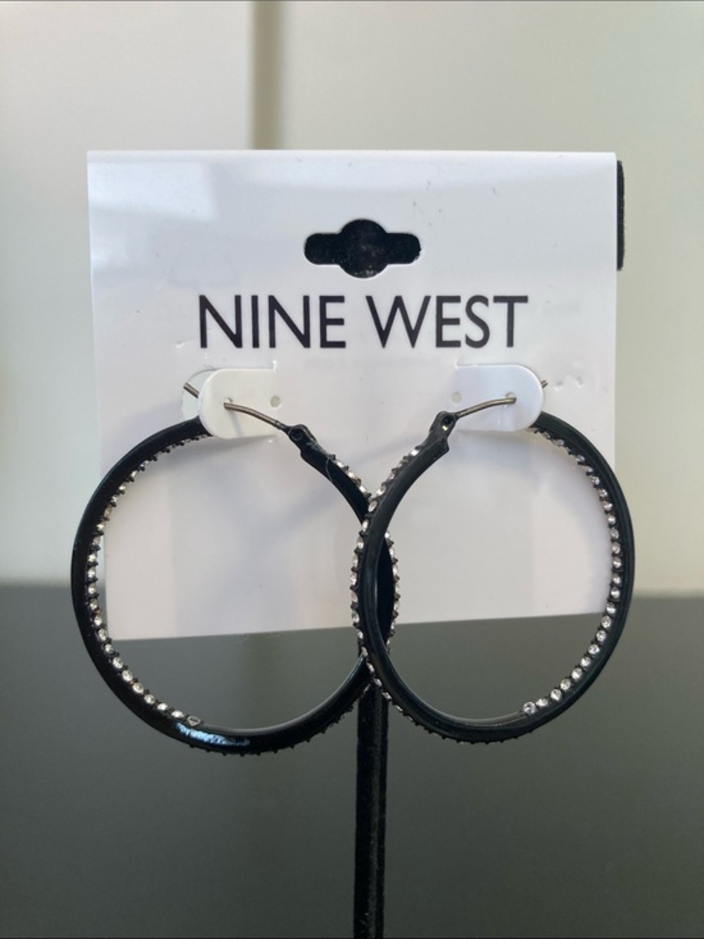 Nine West Black Hoop Earrings with Clear Rhinestones